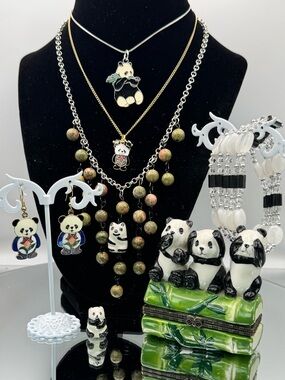 Panda 🐼 Lot - Cloisonné Earring, 3 Necklaces, Bracelet, Trinket Box & Figurine